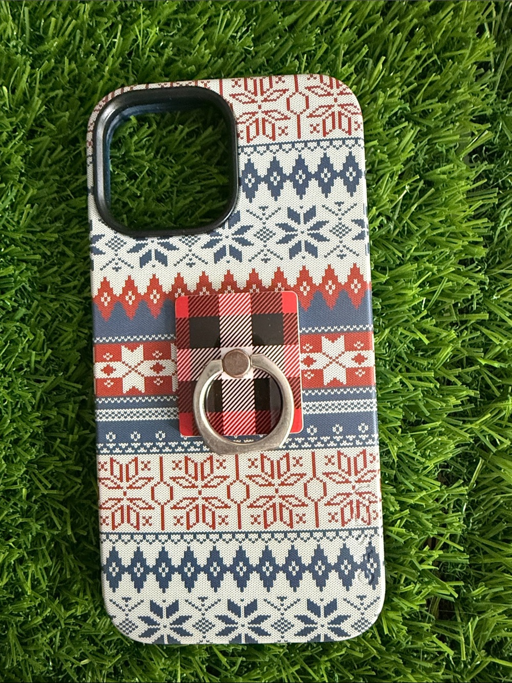 iPhone 13 Pro Max Red and Navy Patterned Phone Case with Ring Holder